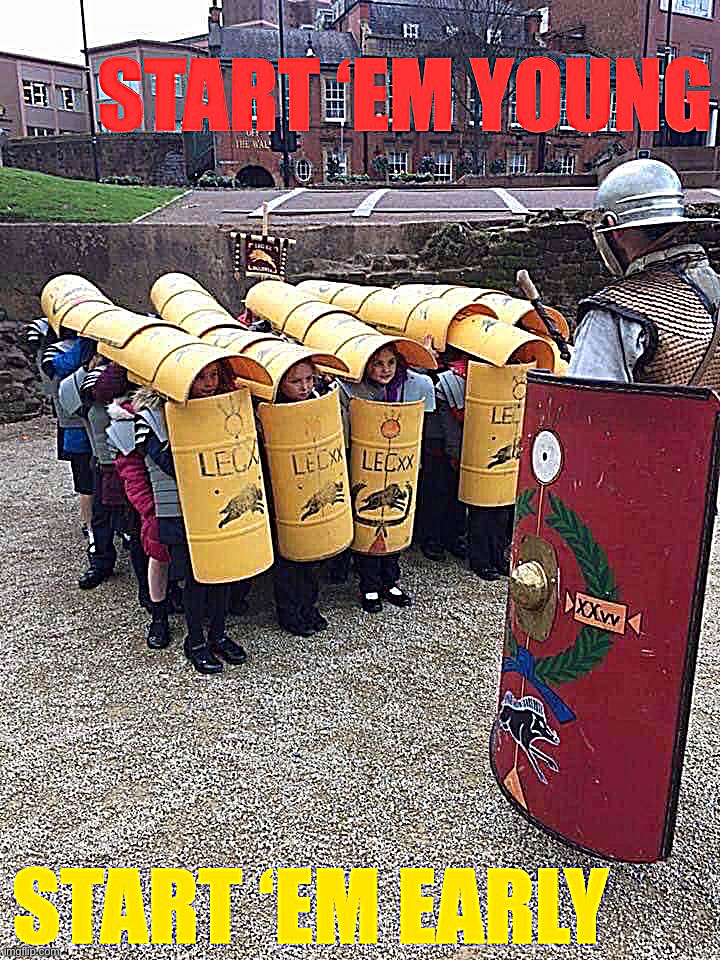 Never too early to begin teaching testudo formation. #LifeSkills #SelfDefenseTips #SPQR | image tagged in roman legion start em young start em early,legion,s,p,q,r | made w/ Imgflip meme maker