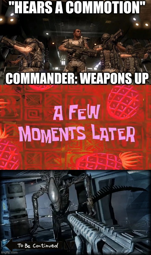 AVP to be continued | "HEARS A COMMOTION"; COMMANDER: WEAPONS UP | image tagged in a few moments later,aliens vs predators,to be continued | made w/ Imgflip meme maker