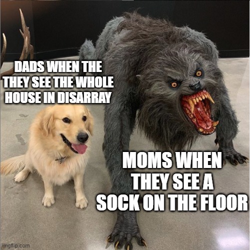 dog vs werewolf | DADS WHEN THE THEY SEE THE WHOLE HOUSE IN DISARRAY; MOMS WHEN THEY SEE A SOCK ON THE FLOOR | image tagged in dog vs werewolf,dogs | made w/ Imgflip meme maker