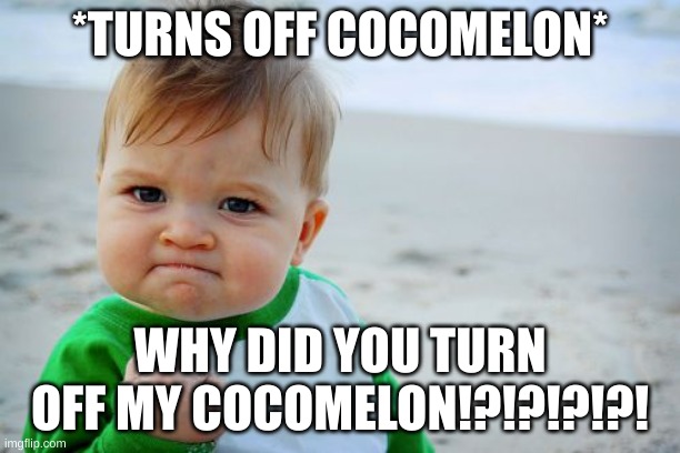 COCOMELON KID | *TURNS OFF COCOMELON*; WHY DID YOU TURN OFF MY COCOMELON!?!?!?!?! | image tagged in memes,success kid original | made w/ Imgflip meme maker