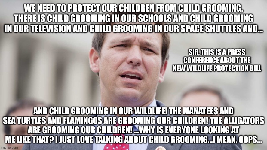 When someone is as obsessed with child grooming as Ron DeSicko is, watch out | WE NEED TO PROTECT OUR CHILDREN FROM CHILD GROOMING. THERE IS CHILD GROOMING IN OUR SCHOOLS AND CHILD GROOMING IN OUR TELEVISION AND CHILD GROOMING IN OUR SPACE SHUTTLES AND... SIR, THIS IS A PRESS CONFERENCE ABOUT THE NEW WILDLIFE PROTECTION BILL; AND CHILD GROOMING IN OUR WILDLIFE! THE MANATEES AND SEA TURTLES AND FLAMINGOS ARE GROOMING OUR CHILDREN! THE ALLIGATORS ARE GROOMING OUR CHILDREN! ...WHY IS EVERYONE LOOKING AT ME LIKE THAT? I JUST LOVE TALKING ABOUT CHILD GROOMING...I MEAN, OOPS... | image tagged in ron desantis | made w/ Imgflip meme maker