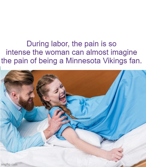 pain of Vikings fans |  During labor, the pain is so intense the woman can almost imagine the pain of being a Minnesota Vikings fan. | image tagged in stuff women giving birth | made w/ Imgflip meme maker