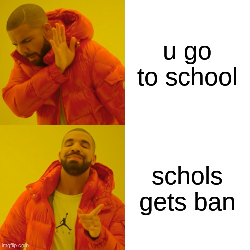 Scool suks | u go to school; schols gets ban | image tagged in memes,drake hotline bling | made w/ Imgflip meme maker
