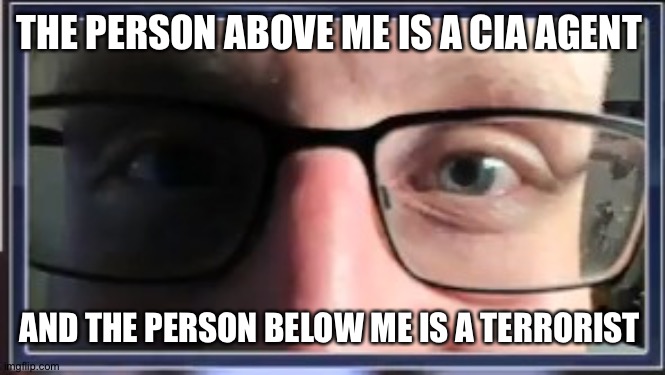 stare | THE PERSON ABOVE ME IS A CIA AGENT; AND THE PERSON BELOW ME IS A TERRORIST | image tagged in stare | made w/ Imgflip meme maker