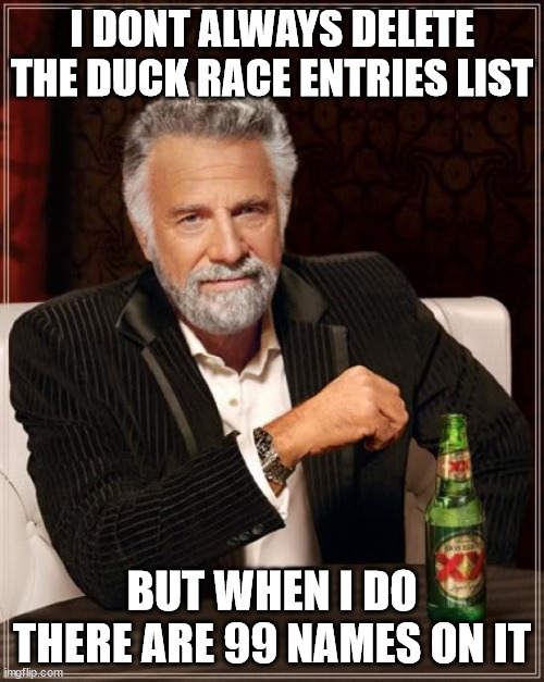 The Most Interesting Man In The World Meme | I DONT ALWAYS DELETE THE DUCK RACE ENTRIES LIST; BUT WHEN I DO THERE ARE 99 NAMES ON IT | image tagged in memes,the most interesting man in the world,GemCaveToken | made w/ Imgflip meme maker