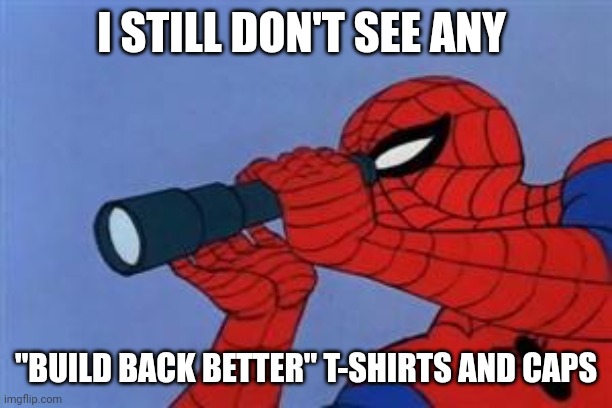 Telescope Spider-Man  | I STILL DON'T SEE ANY "BUILD BACK BETTER" T-SHIRTS AND CAPS | image tagged in telescope spider-man | made w/ Imgflip meme maker