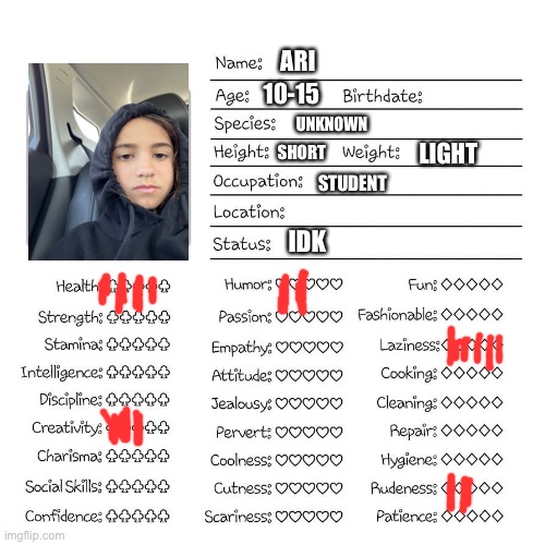 Profile card | ARI; 10-15; UNKNOWN; SHORT; LIGHT; STUDENT; IDK | image tagged in profile card | made w/ Imgflip meme maker