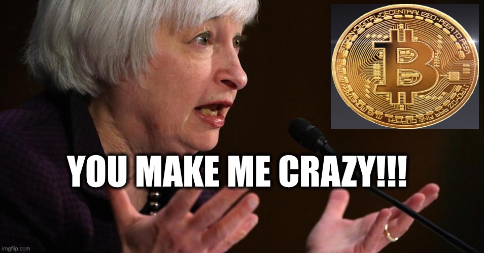 Janet Yellen is Driven MAD Because She Can Not Regulate Bitcoin! | YOU MAKE ME CRAZY!!! | image tagged in janet yellen,bitcoin,federal reserve,btc,yellen | made w/ Imgflip meme maker