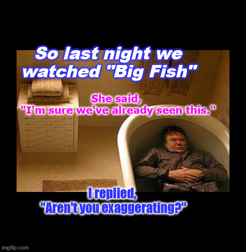 Exaggeration | She said, 
"I'm sure we've already seen this."; So last night we
watched "Big Fish"; I replied, 
"Aren't you exaggerating?" | image tagged in fish,bathtub | made w/ Imgflip meme maker