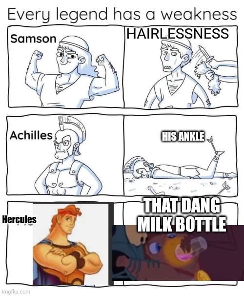 Yall lucky he didnt dink the whole thing or the movie would be over really quickly. |  HAIRLESSNESS; HIS ANKLE; THAT DANG MILK BOTTLE; Hercules | image tagged in every legend has a weakness,hercules | made w/ Imgflip meme maker