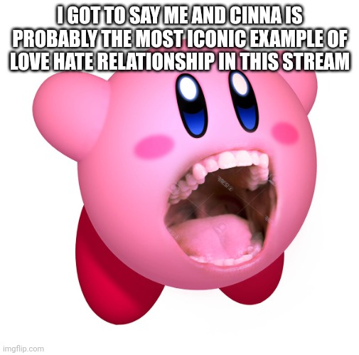 Kirby with teeth (god is extinct) | I GOT TO SAY ME AND CINNA IS PROBABLY THE MOST ICONIC EXAMPLE OF LOVE HATE RELATIONSHIP IN THIS STREAM | image tagged in kirby with teeth god is extinct | made w/ Imgflip meme maker