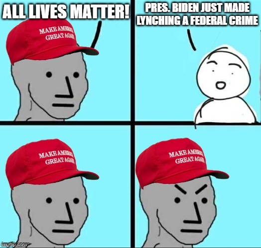MAGA Man Mad | PRES. BIDEN JUST MADE LYNCHING A FEDERAL CRIME; ALL LIVES MATTER! | image tagged in maga npc an an0nym0us template,lynching | made w/ Imgflip meme maker