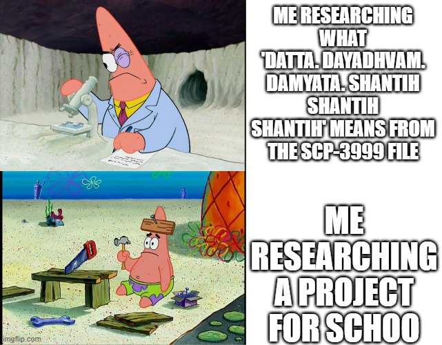 on the order of 05-8 | ME RESEARCHING WHAT 'DATTA. DAYADHVAM. DAMYATA. SHANTIH SHANTIH SHANTIH' MEANS FROM THE SCP-3999 FILE; ME RESEARCHING A PROJECT FOR SCHOO | image tagged in patrick star,scp meme | made w/ Imgflip meme maker