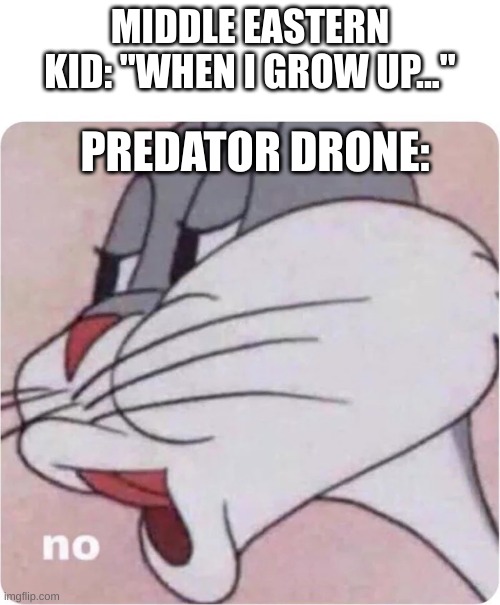 USA USA USA |  PREDATOR DRONE:; MIDDLE EASTERN KID: "WHEN I GROW UP..." | image tagged in bugs bunny no,funny,memes,usa,military,middle east | made w/ Imgflip meme maker