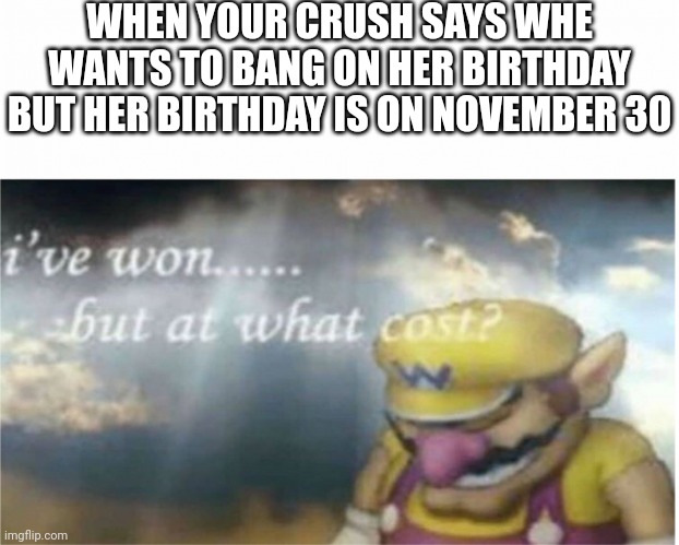 Should I say yes or no | WHEN YOUR CRUSH SAYS WHE WANTS TO BANG ON HER BIRTHDAY BUT HER BIRTHDAY IS ON NOVEMBER 30 | image tagged in i won but at what cost,no nut november,memes,mission failed,crush | made w/ Imgflip meme maker