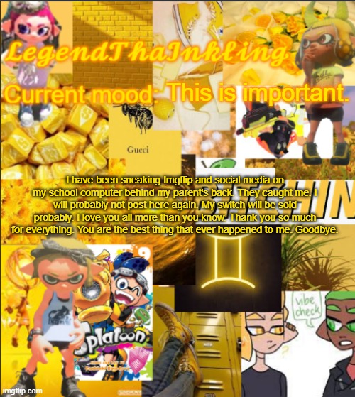 Ily | This is important. I have been sneaking Imgflip and social media on my school computer behind my parent's back. They caught me. I will probably not post here again. My switch will be sold probably. I love you all more than you know. Thank you so much for everything. You are the best thing that ever happened to me. Goodbye. | image tagged in legendthainkling's announcement temp | made w/ Imgflip meme maker