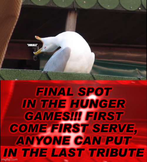 one more | FINAL SPOT IN THE HUNGER GAMES!!! FIRST COME FIRST SERVE, ANYONE CAN PUT IN THE LAST TRIBUTE; *INHALE* | image tagged in screaming bird | made w/ Imgflip meme maker