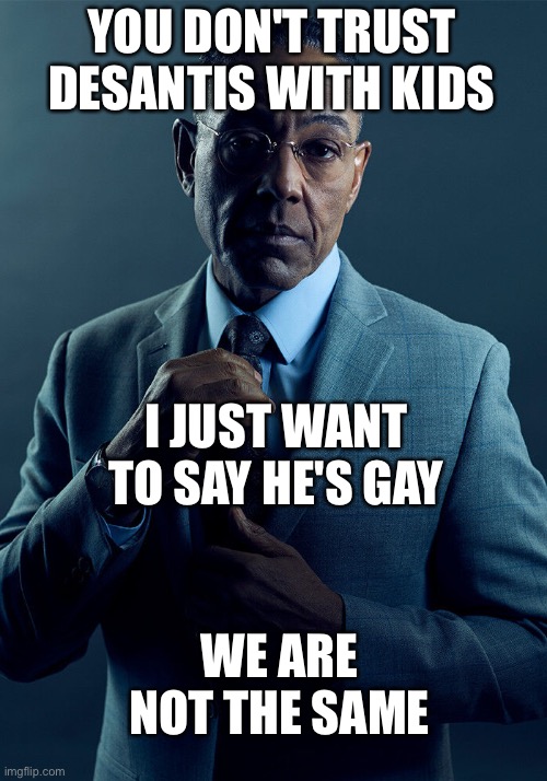 Gus Fring we are not the same | YOU DON'T TRUST DESANTIS WITH KIDS; I JUST WANT TO SAY HE'S GAY; WE ARE NOT THE SAME | image tagged in gus fring we are not the same | made w/ Imgflip meme maker