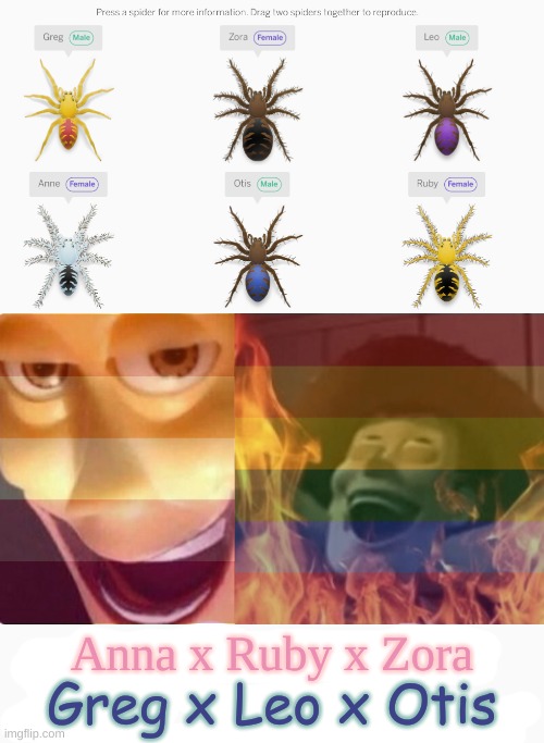 Amplify is anti-gay/lesbian, you can can only make them reproduce when they're opposite genders | Anna x Ruby x Zora; Greg x Leo x Otis | image tagged in satanic woody no spacing | made w/ Imgflip meme maker