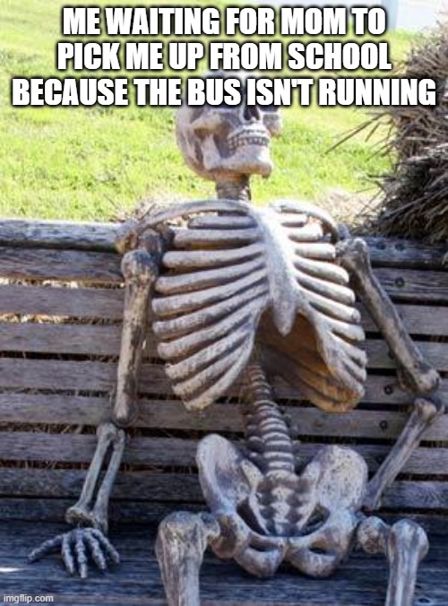 Waiting Skeleton | ME WAITING FOR MOM TO PICK ME UP FROM SCHOOL BECAUSE THE BUS ISN'T RUNNING | image tagged in memes,waiting skeleton | made w/ Imgflip meme maker