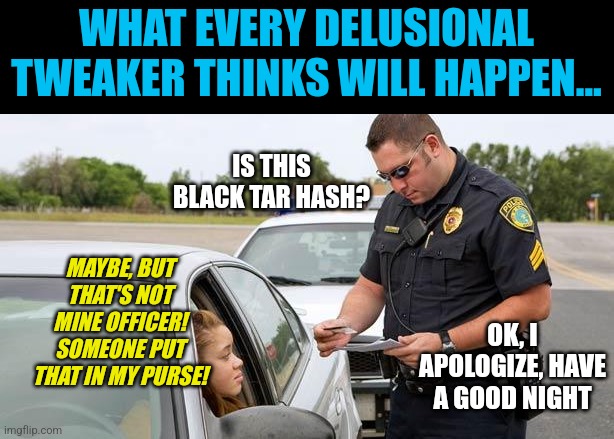 Why? Tweakers, just tell us why you use this line EVERYTIME? | WHAT EVERY DELUSIONAL TWEAKER THINKS WILL HAPPEN... IS THIS BLACK TAR HASH? MAYBE, BUT THAT'S NOT MINE OFFICER! SOMEONE PUT THAT IN MY PURSE! OK, I APOLOGIZE, HAVE A GOOD NIGHT | image tagged in police,drugs are bad,addiction | made w/ Imgflip meme maker