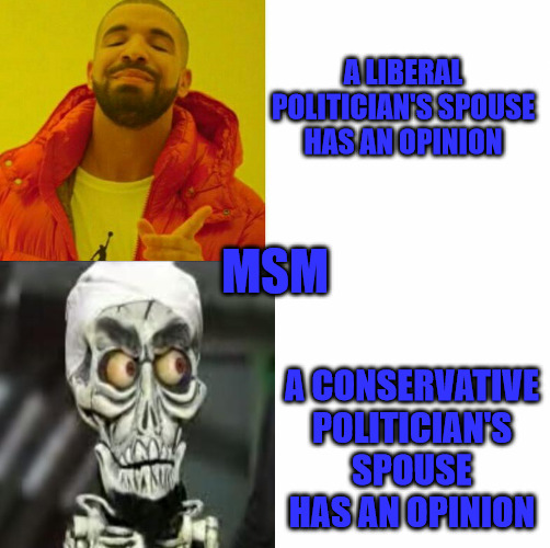 Silence the Right | A LIBERAL POLITICIAN'S SPOUSE HAS AN OPINION; MSM; A CONSERVATIVE POLITICIAN'S SPOUSE HAS AN OPINION | image tagged in drake reversed,achmed the dead terrorist | made w/ Imgflip meme maker