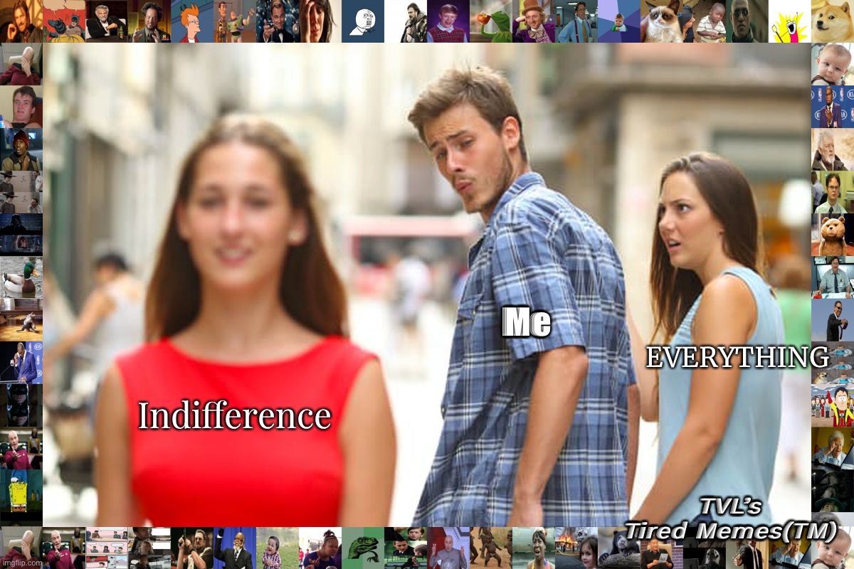 Distracted Boyfriend Meme | Me; EVERYTHING; Indifference; TVL’s Tired Memes(TM) | image tagged in memes,distracted boyfriend | made w/ Imgflip meme maker