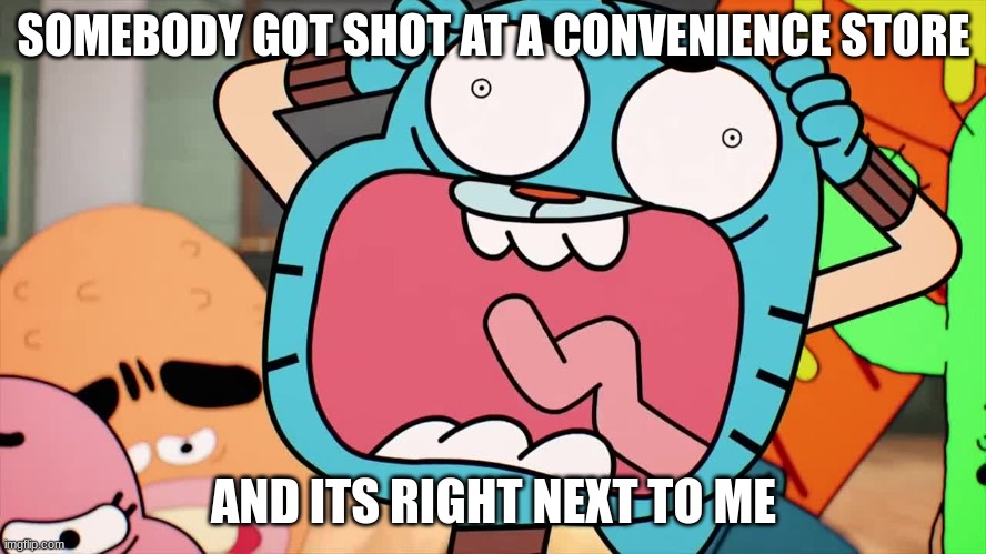 I AM NOT JOKING | SOMEBODY GOT SHOT AT A CONVENIENCE STORE; AND ITS RIGHT NEXT TO ME | image tagged in gumball screaming meme | made w/ Imgflip meme maker