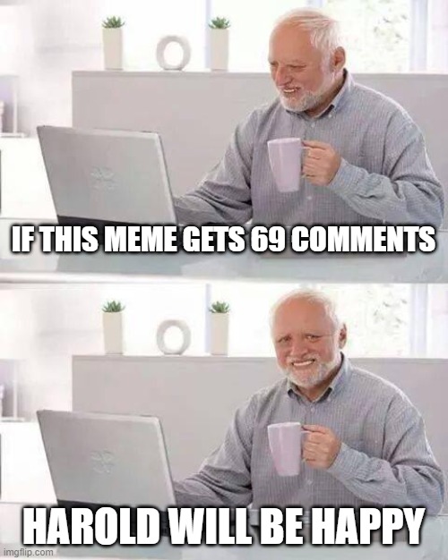 i hope comments dont give points | IF THIS MEME GETS 69 COMMENTS; HAROLD WILL BE HAPPY | image tagged in memes,hide the pain harold | made w/ Imgflip meme maker