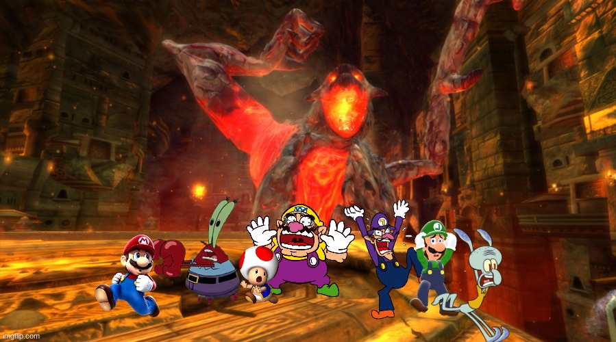 Wario and his friends dies by thr Golem from Legends of Spyro Dawn of the Dragon.mp3 | image tagged in wario dies,wario,spongebob,spyro,golem | made w/ Imgflip meme maker