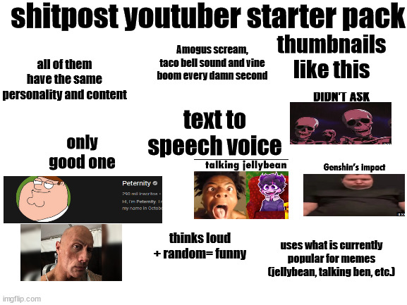 Blank White Template |  shitpost youtuber starter pack; thumbnails like this; Amogus scream, taco bell sound and vine boom every damn second; all of them have the same personality and content; text to speech voice; only good one; thinks loud + random= funny; uses what is currently popular for memes (jellybean, talking ben, etc.) | image tagged in blank white template | made w/ Imgflip meme maker
