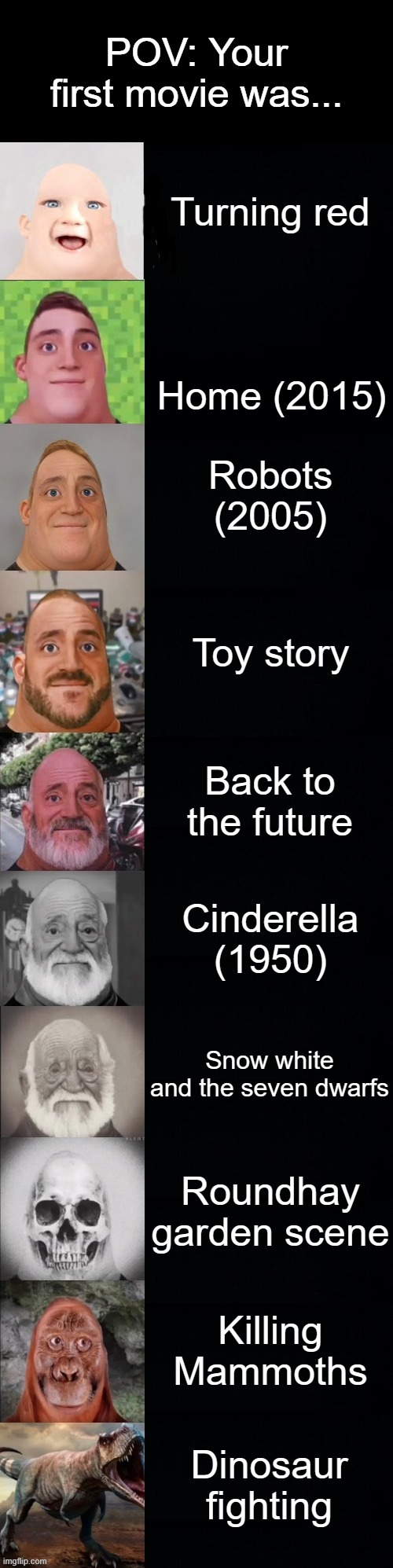 What was your first movie? | POV: Your first movie was... Turning red; Home (2015); Robots (2005); Toy story; Back to the future; Cinderella (1950); Snow white and the seven dwarfs; Roundhay garden scene; Killing Mammoths; Dinosaur fighting | image tagged in mr incredible becoming old,movies | made w/ Imgflip meme maker