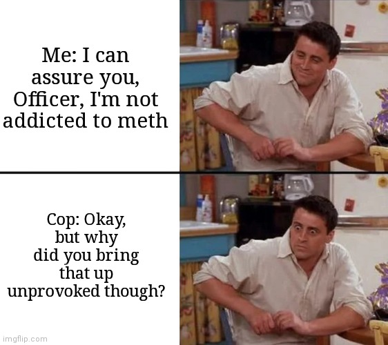 Surprised Joey | Me: I can assure you, Officer, I'm not addicted to meth; Cop: Okay, but why did you bring that up unprovoked though? | image tagged in surprised joey | made w/ Imgflip meme maker