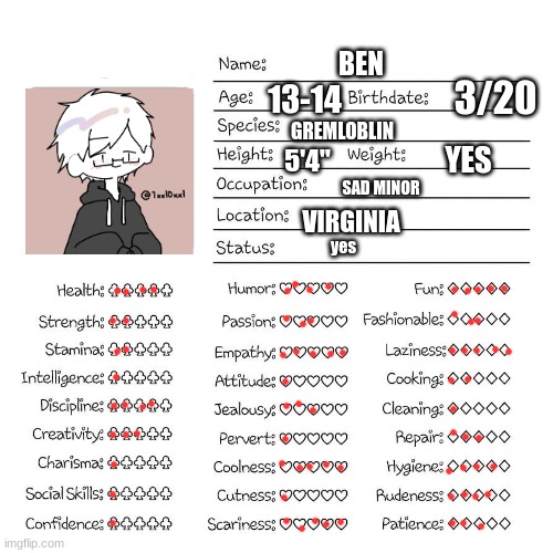 because yes | BEN; 3/20; 13-14; GREMLOBLIN; YES; 5'4''; SAD MINOR; VIRGINIA; yes | image tagged in profile card | made w/ Imgflip meme maker