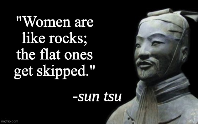 Another quote by the great Sun Tsu | "Women are like rocks; the flat ones get skipped." | image tagged in sun tsu fake quote | made w/ Imgflip meme maker