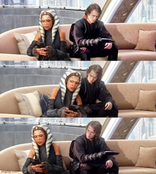 https://imgflip.com/memetemplate/380925301/Ahsoka-shows-Anakin-her-phone | image tagged in new template | made w/ Imgflip meme maker