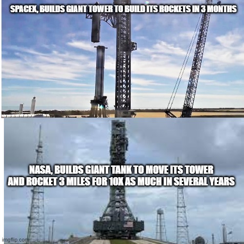 SPACEX | SPACEX, BUILDS GIANT TOWER TO BUILD ITS ROCKETS IN 3 MONTHS; NASA, BUILDS GIANT TANK TO MOVE ITS TOWER AND ROCKET 3 MILES FOR 10X AS MUCH IN SEVERAL YEARS | image tagged in spacex | made w/ Imgflip meme maker