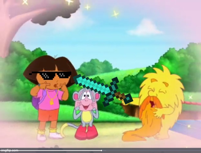 Dora & Boots Get Stabbed By The Grumpy Old Troll | image tagged in grumpy old troll laughing at dora boots,dora the explorer,hello neighbor,hello piggy | made w/ Imgflip meme maker