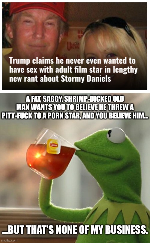 At some point, you have to admit he's a liar. | A FAT, SAGGY, SHRIMP-DICKED OLD MAN WANTS YOU TO BELIEVE HE THREW A PITY-FUCK TO A PORN STAR, AND YOU BELIEVE HIM... ...BUT THAT'S NONE OF MY BUSINESS. | image tagged in memes,but that's none of my business | made w/ Imgflip meme maker