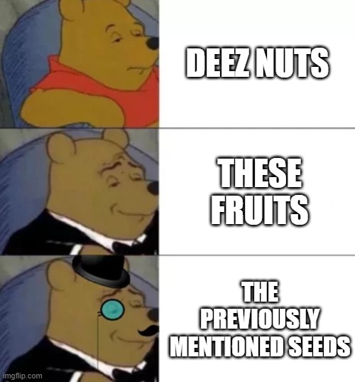 stun seed | DEEZ NUTS; THESE FRUITS; THE PREVIOUSLY MENTIONED SEEDS | image tagged in fancy pooh | made w/ Imgflip meme maker