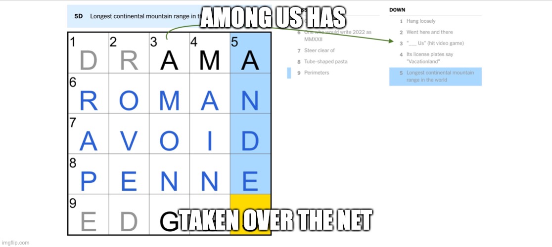 Amigos is everywhere | AMONG US HAS; TAKEN OVER THE NET | image tagged in among us,crossword,sus,sussy,amogus,imposter | made w/ Imgflip meme maker