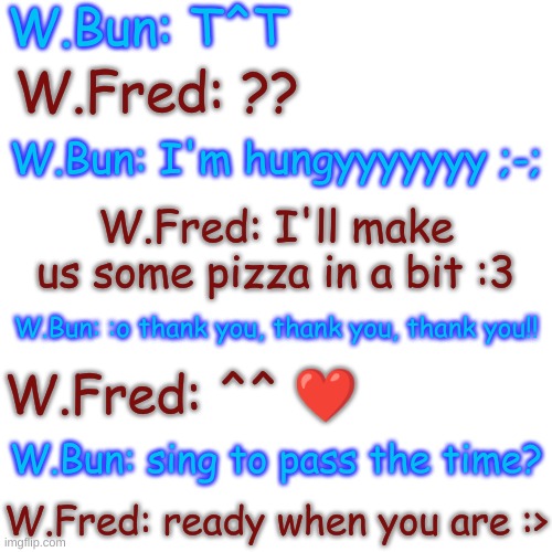 Part 1 (based off an fnf mod-) | W.Bun: T^T; W.Fred: ?? W.Bun: I'm hungyyyyyyy ;-;; W.Fred: I'll make us some pizza in a bit :3; W.Bun: :o thank you, thank you, thank you!! W.Fred: ^^ ❤; W.Bun: sing to pass the time? W.Fred: ready when you are :> | image tagged in blank transparent square | made w/ Imgflip meme maker