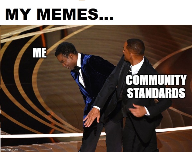 my memes | ME; COMMUNITY
STANDARDS | image tagged in chris rock,tada will smith,community standards,facebook,twitter,slap | made w/ Imgflip meme maker