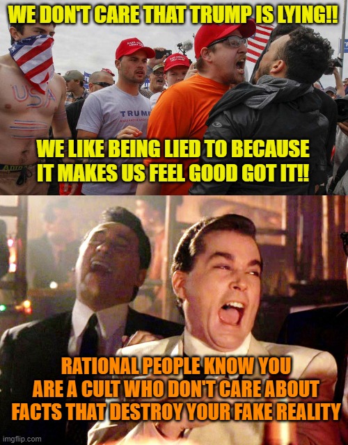 WE DON'T CARE THAT TRUMP IS LYING!! WE LIKE BEING LIED TO BECAUSE IT MAKES US FEEL GOOD GOT IT!! RATIONAL PEOPLE KNOW YOU ARE A CULT WHO DON'T CARE ABOUT FACTS THAT DESTROY YOUR FAKE REALITY | image tagged in angry red cap,memes,good fellas hilarious | made w/ Imgflip meme maker