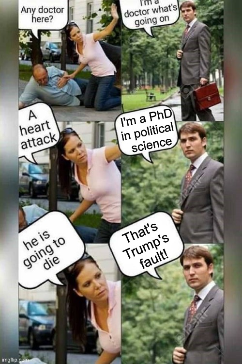 Is there a doctor around? | I'm a PhD
in political 
science; That's 
Trump's 
fault! | image tagged in is there a doctor around | made w/ Imgflip meme maker