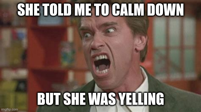 Angry | SHE TOLD ME TO CALM DOWN; BUT SHE WAS YELLING | image tagged in angry | made w/ Imgflip meme maker