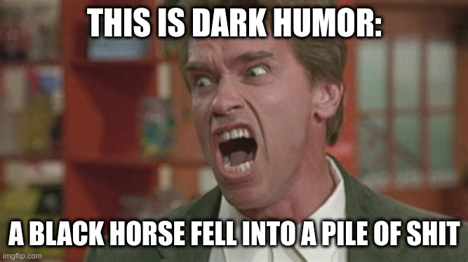 where the humor is i dont know | THIS IS DARK HUMOR:; A BLACK HORSE FELL INTO A PILE OF SHIT | image tagged in angry | made w/ Imgflip meme maker