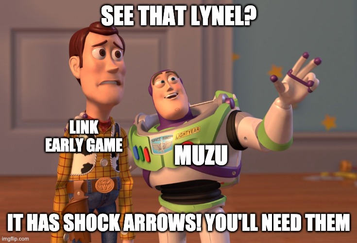 *buys shock arrows* | SEE THAT LYNEL? LINK EARLY GAME; MUZU; IT HAS SHOCK ARROWS! YOU'LL NEED THEM | image tagged in memes,x x everywhere,the legend of zelda breath of the wild | made w/ Imgflip meme maker