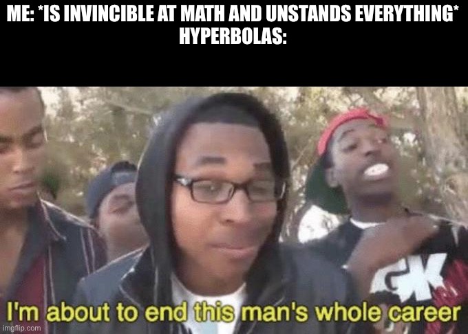 This is a vent on hyperbolas because they made me struggle somewhat in math because of sheer difficulty for the first time ever. | ME: *IS INVINCIBLE AT MATH AND UNSTANDS EVERYTHING*
HYPERBOLAS: | image tagged in this isn't how you're supposed to play the game,im the expert | made w/ Imgflip meme maker