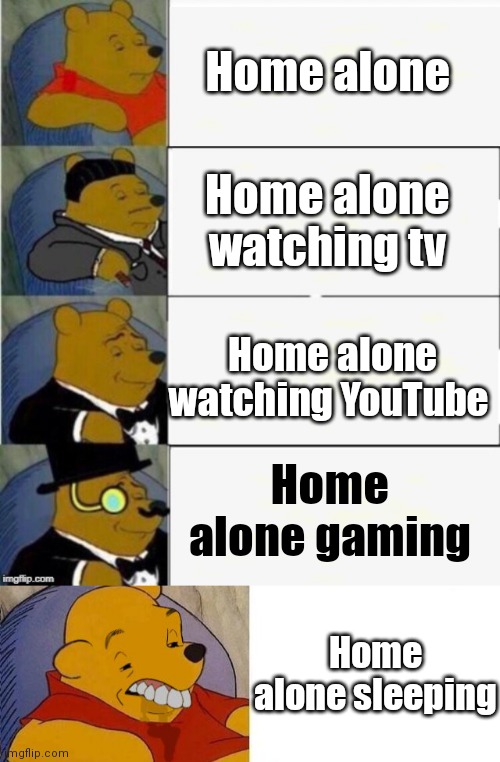 Home alone; Home alone watching tv; Home alone watching YouTube; Home alone gaming; Home alone sleeping | image tagged in tuxedo winnie the pooh 4 panel,best better blurst,best better great greater blurst | made w/ Imgflip meme maker